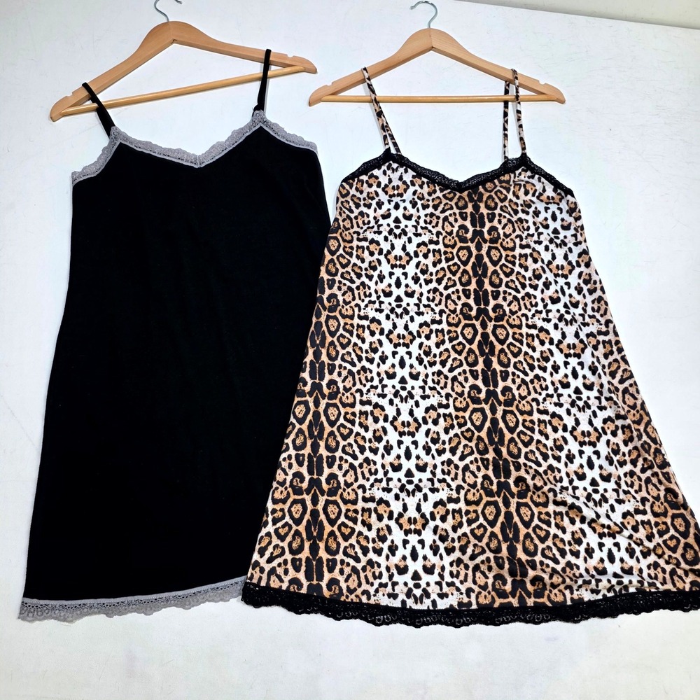NEW Nightgown Set Women M Black Leopard Lace Trim Chemise Sleepwear 2 Pack